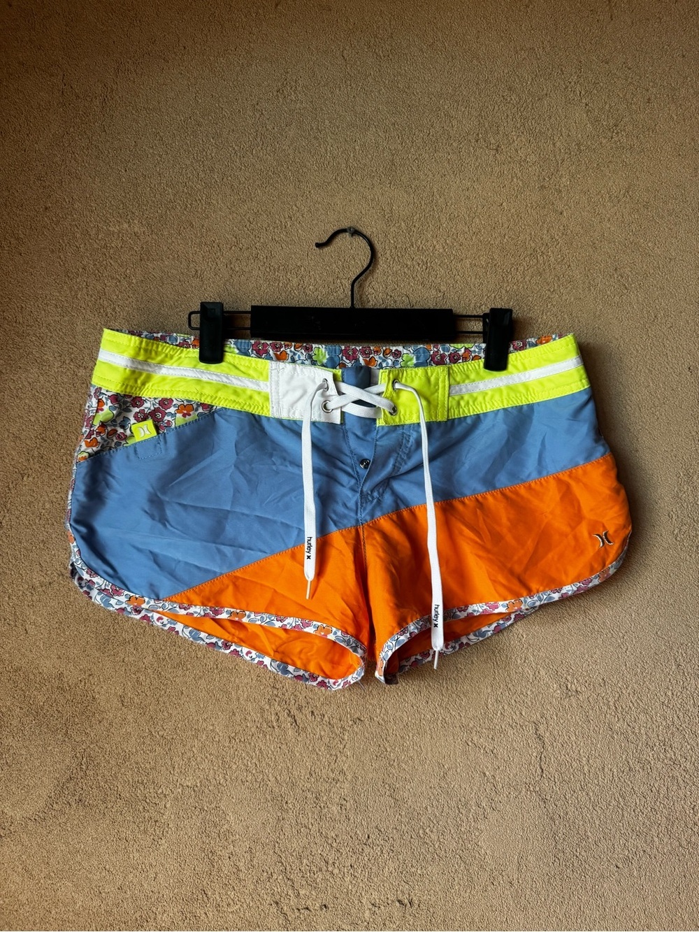 Hurley vintage Blue, Orange & Neon Yellow Colorblock Board Shorts